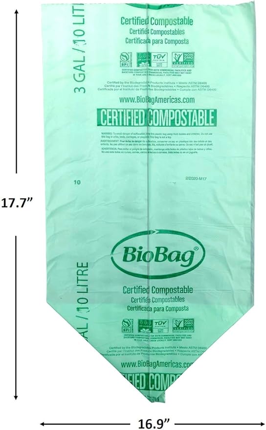 3 Gallon Compostable Food Scrap Bags by BioBag, 100 Count, BPI Certified, Meets ASTM D6400 Standards, Made in USA, Kitchen Trash Bin Liners