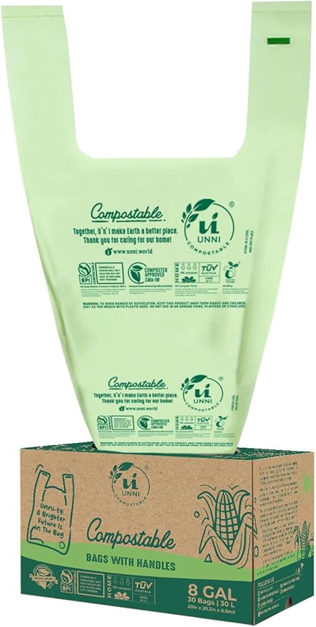UNNI Compostable T-Shirt Bags with Tie Handles, 8 Gallon / 30 Liter, 60 Count - 2 rolls × 30, 0.80 mil Medium Kitchen Compost Liners, Certified by BPI, CMA & OK compost HOME, Meets ASTM D6400