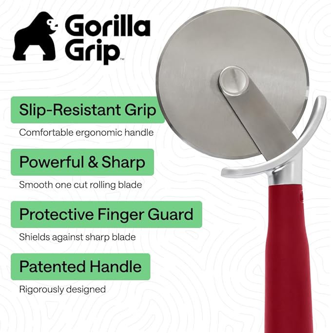 GORILLA GRIP BPA-Free Large Pizza Cutter Wheel, 9 Inch, Sharp Stainless Steel Blade, Slip Resistant Handle with Thumb Guard Protection, Slice Thick or Thin Pizzas, Pie, Pastries in Seconds, Red