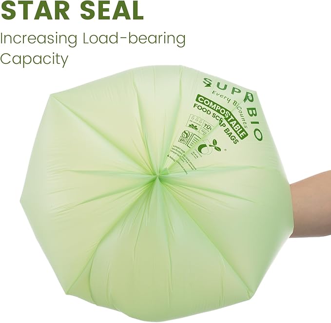 SUPERBIO 1.6 Gallon Handle Tie Compostable Food Scrap Bags, Small Compost Bags with Handles, 50 Count, 2 Pack, BPI & OK compost INDUSTRIAL