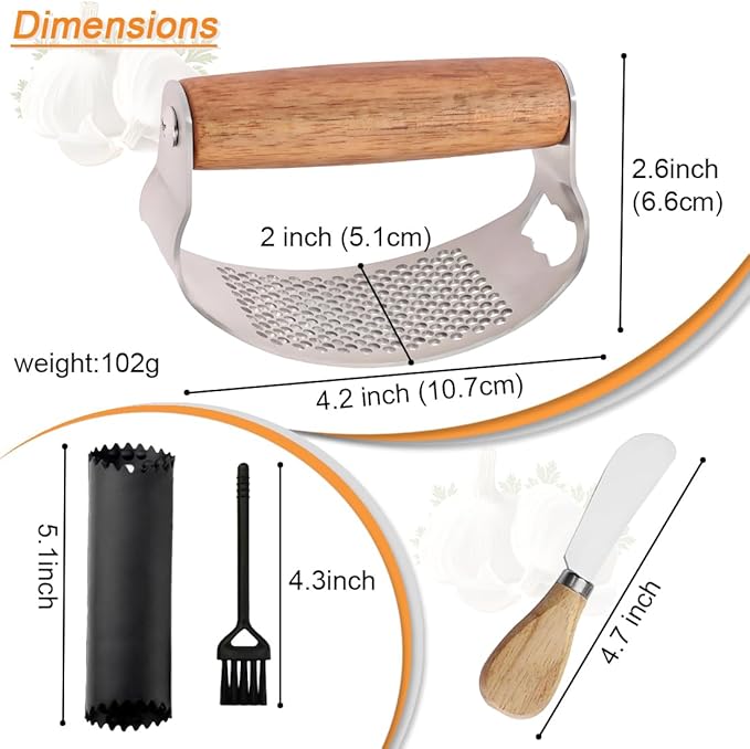 Garlic Press Rocker Stainless Steel Ginger Crusher, Garlic Mincer and Squeezer Kitchen Gadget with Ergonomic handle, Silicone Tube Garlic Peeler, Scraper and Cleaning Brush Tool Set