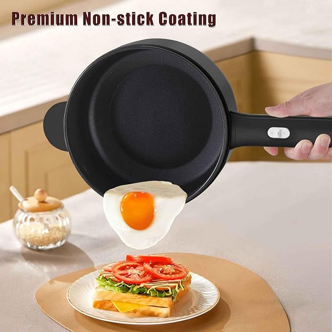 Dezin Hot Pot Electric, 2L Non-Stick Sauté Pan, Rapid Noodles Cooker, Mini Portable Pot for Steak, Egg, Fried Rice, Ramen, Oatmeal, Soup with Power Adjustment & Spatula, College Dorm Room Essential