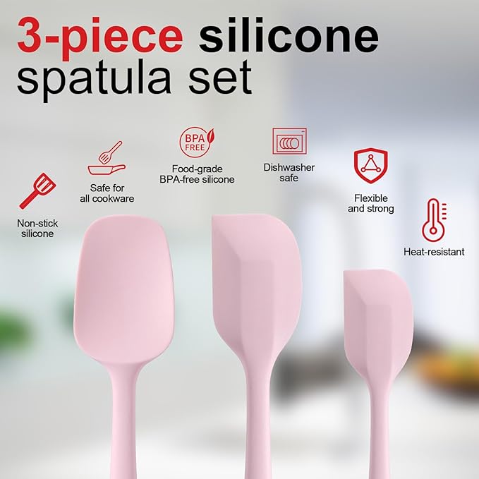 Silicone Spatula Set - Rubber Spatula - 600°F Heat Resistant Baking Spoon & Spatulas (Pink)