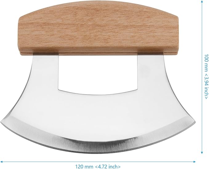 4 PCS Pizza Mezzaluna Ulu Knife, Salad Chopper Rocker Knife Stainless Steel Blade with Wooden Handle for Chopping Vegetable, Fruit