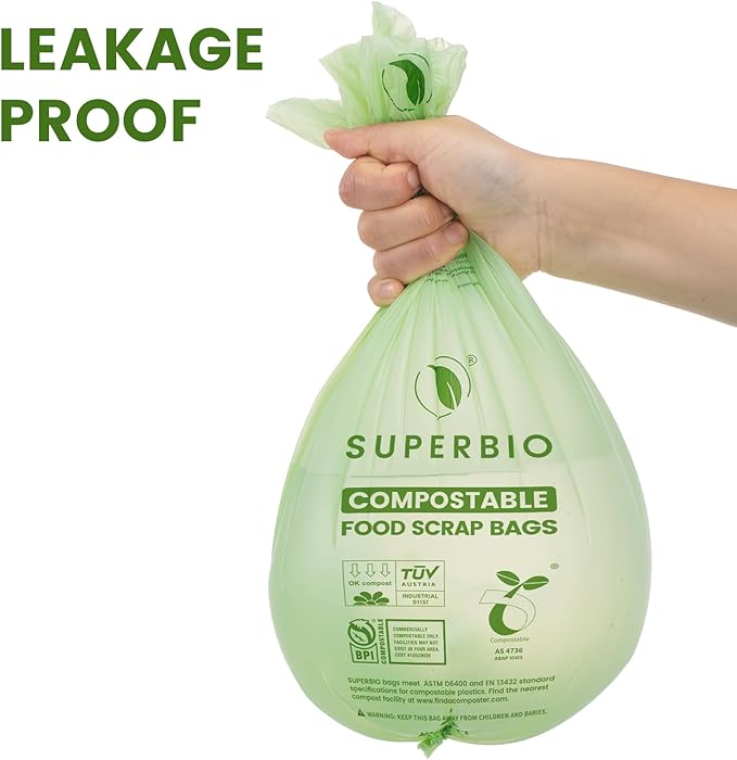 SUPERBIO 2.6 Gallon Compostable Food Waste Bags, 100 Count, 1 Pack, Flat Top Food Scrap Bags， ASTM D6400，Certified by BPI and OK compost INDUSTRIAL,9.84L