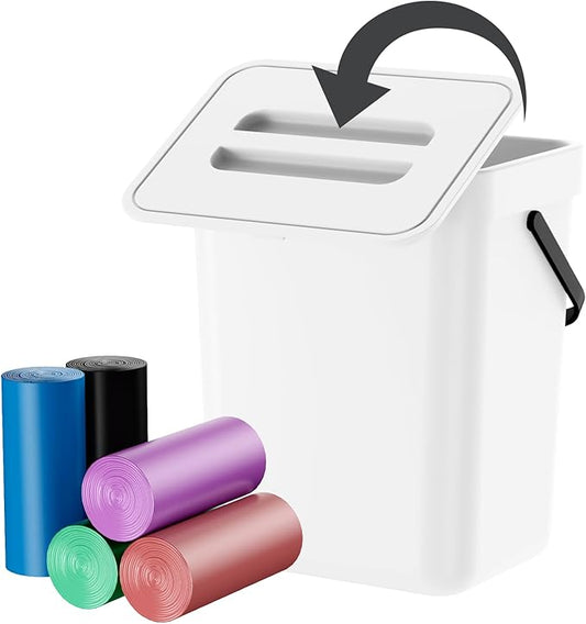 Compost Bin Kitchen, Includes 100 Trash Bags, Hanging Trash Can with Lid, Features Pet-Proof, Odor-Proof, and Quiet Opening/Closing. Suitable for Bathrooms/Bedrooms/Offices (White, 1.3Gal/5L)