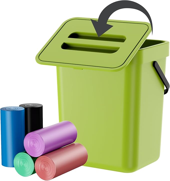 Compost Bin Kitchen, Includes 100 Trash Bags, Hanging Trash Can with Lid, Features Pet-Proof, Odor-Proof, and Quiet Opening/Closing. Suitable for Bathrooms/Bedrooms/Offices (Green, 1.3Gal/5L)