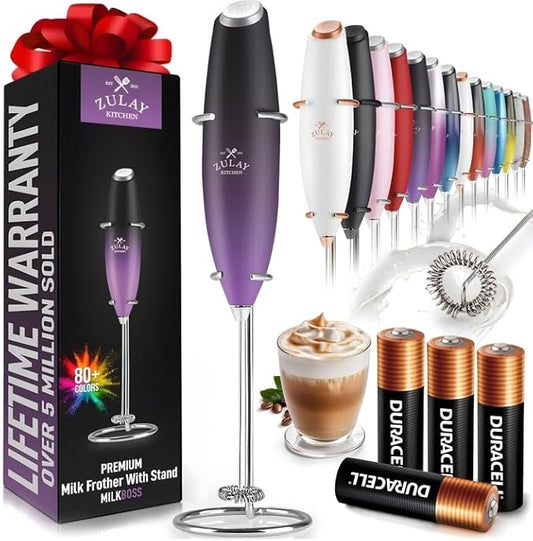 Zulay Kitchen Powerful Milk Frother Wand With 4 AA Duracell Batteries - Ultra Fast Handheld Drink Mixer - Electric Whisk Foam Maker for Coffee, Lattes, Cappuccino, Matcha & Creamer