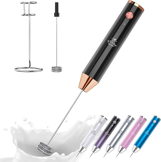 Zulay Kitchen Rechargeable Milk Frother Handheld - Lux 4 Whisks, Powerful 2-Speed Motor, Waterproof, 2000mAh Battery - Drink Mixer for Latte, Cappuccino, Matcha & Protein Powder - Jet Black Copper