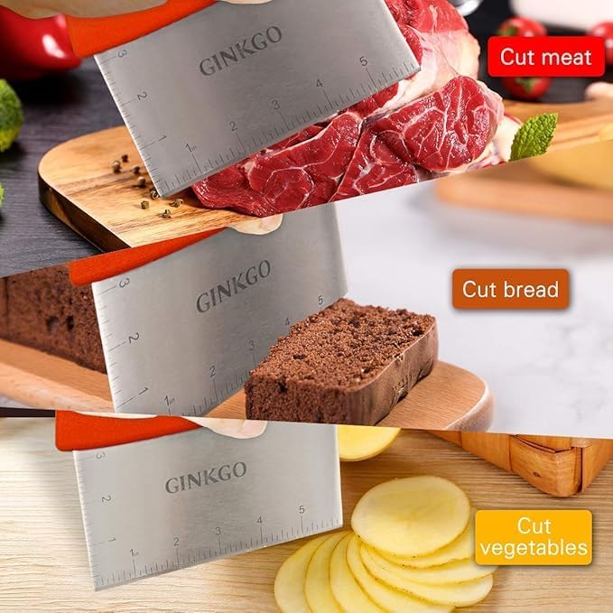 GINKGO Bench Dough Scraper Chopper Stainless Steel Kitchen Utensil Multipurpose Pastry/Food Cutter Scraper Tool for Cake, Pizza, Bread, BBQ - Red