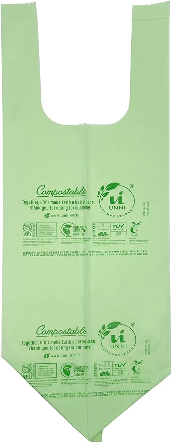 UNNI Compostable T-Shirt Bags with Tie Handles, 8 Gallon / 30 Liter, 30 Count, 0.80 mil Medium Kitchen Compost Liners, Certified by BPI, CMA & OK compost HOME, Meets ASTM D6400