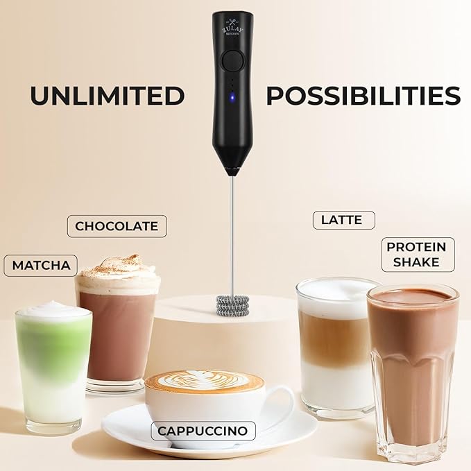 Zulay Kitchen Rechargeable Milk Frother - Dynamic - 3 Speeds, 3 Whisk Attachments, 500 mAh USB Charging, Drink Mixer For Latte, Cappuccino, Matcha, Protein Powder, Coffee Foam - Black