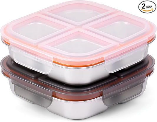 2 Pack Stainless Steel Snack Containers with Airtight Lids, 4 Compartment Food Storage Containers, Reusable Metal Meal Prep Lunch Boxes, Dishwasher Safe, Divided Plates for Adults