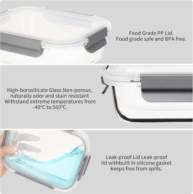 10 Pack Glass Meal Prep Containers, Glass Food Storage Containers with Lids Airtight, Storage Container Set with Lid for Food, Bpa-free, Leak-proof, Microwave Oven Freezer Dishwasher Safe