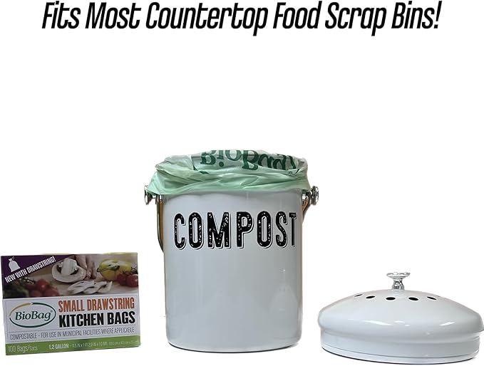 1.2 Gallon Compostable Drawstring Food Scrap Bags by BioBag, 80 Count, BPI Certified, Meets ASTM D6400 Standards, Made in USA, Kitchen Counter Bin Liners
