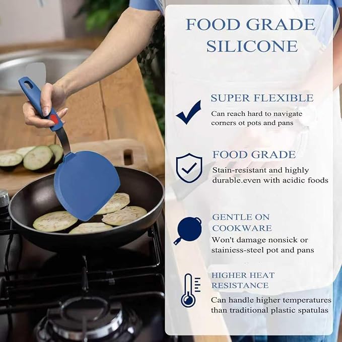 Silicone Spatula,Heat Resistant Kitchen Utensils for Nonstick Cookware, Spatulas Turner with Seamless Thin Edges for Pancakes, Eggs, Fish (Half-Round blue)