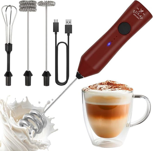 Zulay Kitchen Rechargeable Milk Frother - Dynamic - 3 Speeds, 3 Whisk Attachments, 500 mAh USB Charging, Drink Mixer For Latte, Cappuccino, Matcha, Protein Powder, Coffee Foam - Red Black