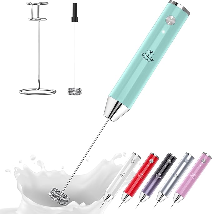 Zulay Kitchen Rechargeable Milk Frother Handheld Lux - Powerful 2-Speed Motor, Waterproof, 2000mAh Battery - Drink Mixer for Latte, Cappuccino, Matcha & Protein Powder - Sky Blue