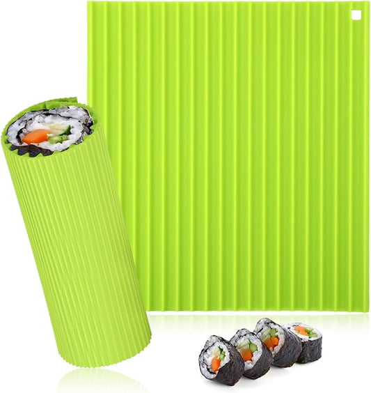 BOXOB Sushi Rolling Mat, 8.66x7.87 Inch Silicone Kitchen Kimbap Roller Mat Sushi Maker Reusable Rolling Kit Easy-to-Clean Making for Beginner Kids (Green)