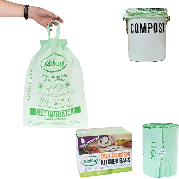 1.2 Gallon Compostable Drawstring Food Scrap Bags by BioBag, 80 Count, BPI Certified, Meets ASTM D6400 Standards, Made in USA, Kitchen Counter Bin Liners