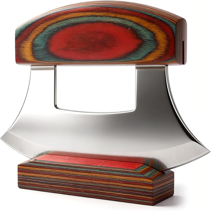 Ulu Knife, Sharp Rocker Mezzaluna Knife with Wooden Stand for Salad, Vegetables, Pizza Cutter Rocker, Mezzaluna Chopper, Super Sharp Blade, Multicolor