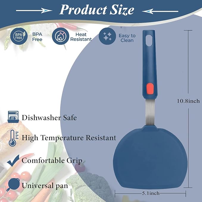 Silicone Spatula,Heat Resistant Kitchen Utensils for Nonstick Cookware, Spatulas Turner with Seamless Thin Edges for Pancakes, Eggs, Fish (Half-Round blue)