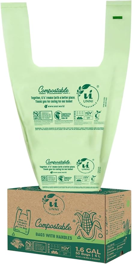UNNI Compostable T-Shirt Bags with Tie Handles, 1.6 Gallon / 6 Liter, 50 Count, 0.64 mil Small Kitchen Caddy Liners, Certified by BPI, CMA & OK compost HOME, Meets ASTM D6400
