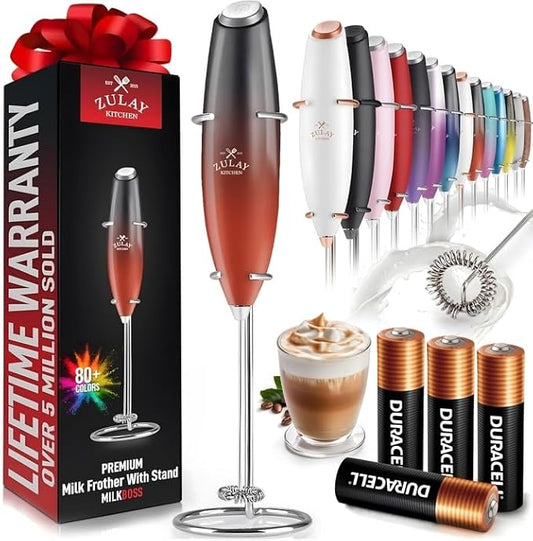 Zulay Kitchen Powerful Milk Frother Wand With 4 AA Duracell Batteries - Ultra Fast Handheld Drink Mixer - Electric Whisk Foam Maker for Coffee, Lattes, Cappuccino, Matcha & Creamer