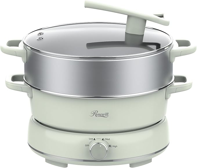 Rosewill 12.7 QT Electric Hot Pot Slow Cooker with Multiple Functions, Split Design with 11.8 inch Wider Cooking Pot and SUS Steam Basket, 1600W High Power, Includes Utensils - Light Green