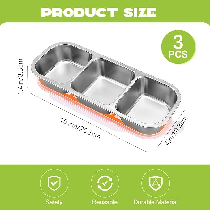 3 Pack Bento Box, Stainless Steel Snack Containers With Lids, Leak Proof Metal Lunch Box with 3 Compartments, Stackable Food Storage Container for Work, Travel, Dishwasher Safe