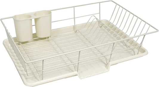 Sweet Home Collection Space-Saving 3-Piece Dish Drainer Rack Set: Efficient Kitchen Organizer for Quick Drying and Storage - Includes Cutlery Holder and Drainboard - Maximize Countertop Space, Ivory