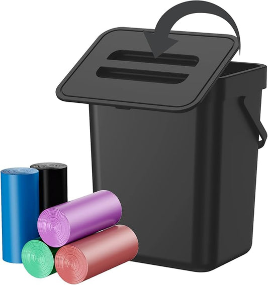 Compost Bin Kitchen, Includes 100 Trash Bags, Hanging Trash Can with Lid, Features Pet-Proof, Odor-Proof, and Quiet Opening/Closing. Suitable for Bathrooms/Bedrooms/Offices (Black, 1.3Gal/5L)