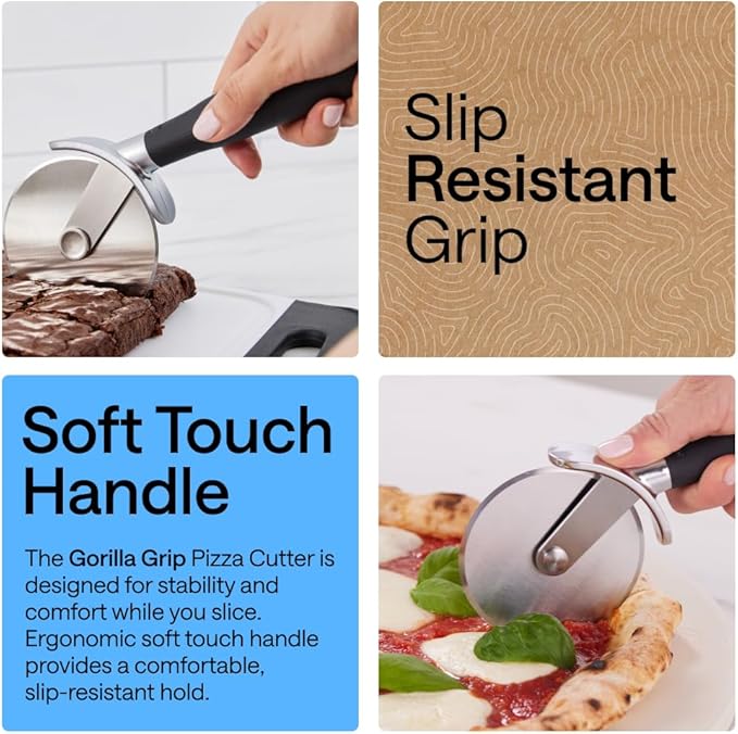 GORILLA GRIP BPA-Free Large Pizza Cutter Wheel, 9 Inch, Sharp Stainless Steel Blade, Slip Resistant Handle with Thumb Guard Protection, Slice Thick or Thin Pizzas, Pie, Pastries in Seconds, Black