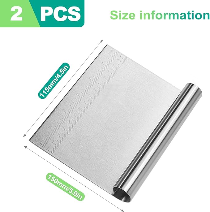 slaixiu 2PCS Stainless Steel Dough Scraper Set - Bench Scraper & Cutter with Scale for Baking, Pastry, Bread Making & Cutting Boards, Multipurpose Kitchen Tool
