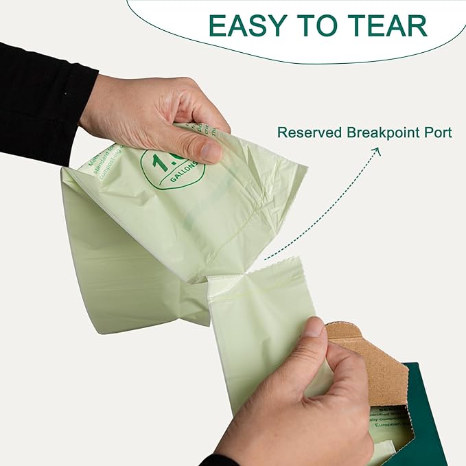 1.6 Gallon 100 Count,Compostable Bags Handle Tie,Tear Resistant Kitchen Food Scrap Waste Bag, ASTM D6400, US BPI and Europe OK Compost Home Certified
