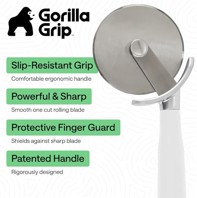 GORILLA GRIP BPA-Free Large Pizza Cutter Wheel, 9 Inch, Sharp Stainless Steel Blade, Slip Resistant Handle with Thumb Guard Protection, Slice Thick or Thin Pizzas, Pie, Pastries in Seconds, White