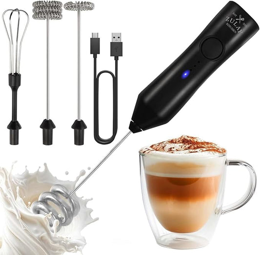 Zulay Kitchen Rechargeable Milk Frother - Dynamic - 3 Speeds, 3 Whisk Attachments, 500 mAh USB Charging, Drink Mixer For Latte, Cappuccino, Matcha, Protein Powder, Coffee Foam - Black