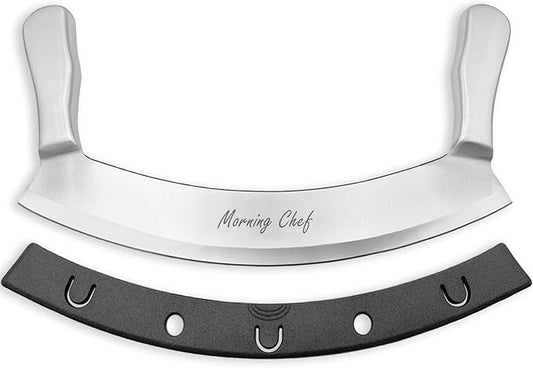 12" Stainless Steel Mezzaluna Knife | Pizza Cutter | Chopper Dicer Mincer | Curved Blade with Steel Handles | Mezzaluna Sheath Pizza Cutter Rocker, Rocker Knife Veggie Cutter