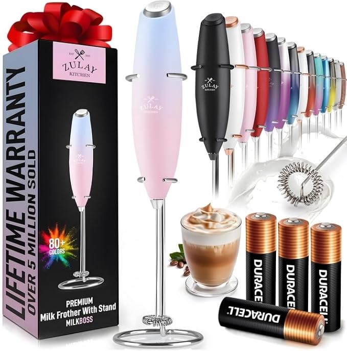 Zulay Kitchen Powerful Milk Frother Wand With 4 AA Duracell Batteries - Ultra Fast Handheld Drink Mixer - Electric Whisk Foam Maker for Coffee, Lattes, Cappuccino, Matcha & Creamer