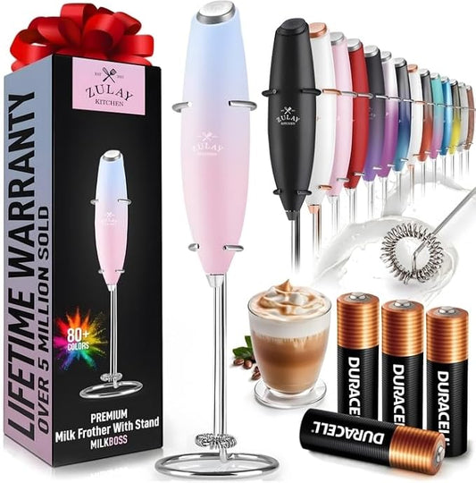 Zulay Kitchen Powerful Milk Frother Wand With 4 AA Duracell Batteries - Ultra Fast Handheld Drink Mixer - Electric Whisk Foam Maker for Coffee, Lattes, Cappuccino, Matcha & Creamer