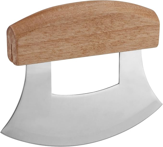 4 PCS Pizza Mezzaluna Ulu Knife, Salad Chopper Rocker Knife Stainless Steel Blade with Wooden Handle for Chopping Vegetable, Fruit
