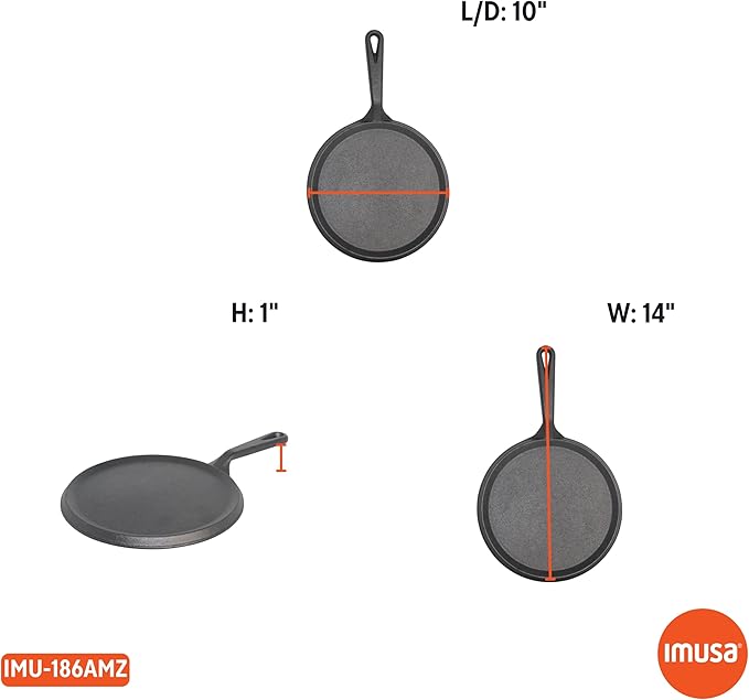 IMUSA 9.5in Preseasoned Cast Iron Comal for Tortillas, Arepas, Quesadillas, Heating & Searing, Heavy-Duty Flat Griddle