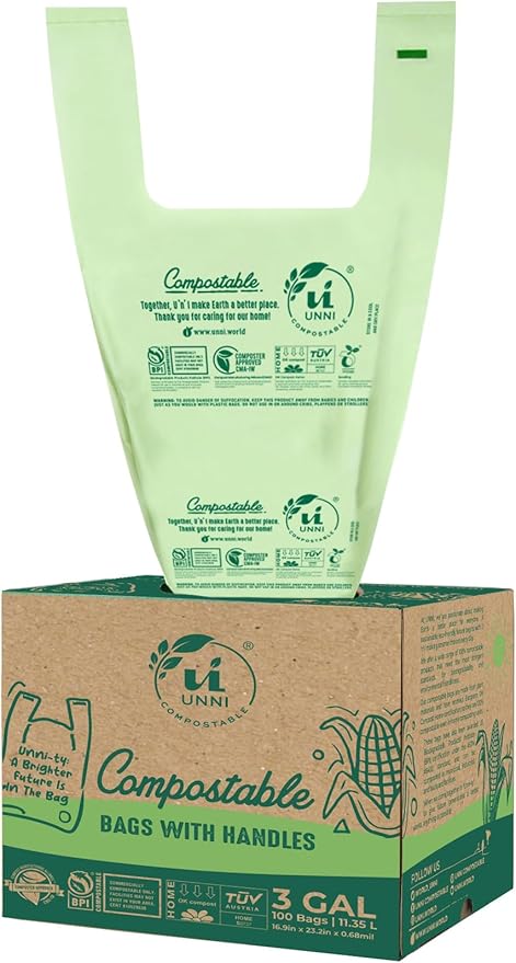 UNNI Compostable T-Shirt Bags with Tie Handles, 3 Gallon / 11.35 Liter, 200 Count Value Pack - 2 rolls × 100, 0.68 mil Small Compost Bin Liners, Certified by BPI, CMA & OK compost HOME