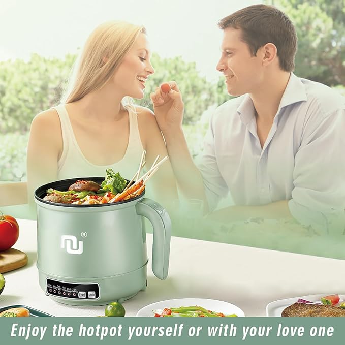 Smart Mini Hot Pot with Timer and Automatic Shut Off 1.2L Non-Stick Rapid Noodle Cooker w Stainless Steel Steamer Basket 600W Quick Cook 5 Cooking Modes for Soup, Rice (1cup) , Porridge, Pasta Great for 1-2 Persons (Green)