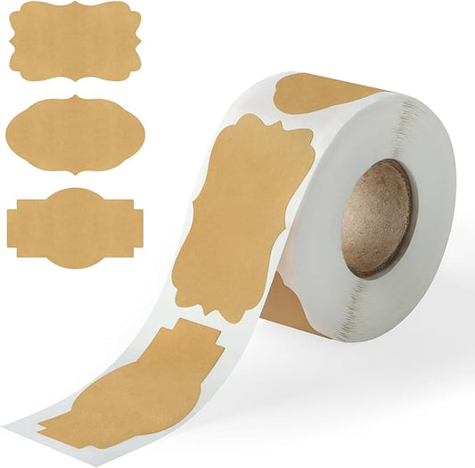 300PCS Kraft Brown Labels 2x1.2 Inch - Blank Self-Adhesive Stickers for Mason Jars, Bottles, Gift Wrapping, Food Storage & Crafts (Writable, Vintage Style, 3 Designs)