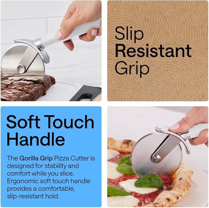 GORILLA GRIP BPA-Free Large Pizza Cutter Wheel, 9 Inch, Sharp Stainless Steel Blade, Slip Resistant Handle with Thumb Guard Protection, Slice Thick or Thin Pizzas, Pie, Pastries in Seconds, White
