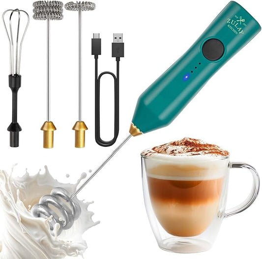Zulay Kitchen Rechargeable Milk Frother - Dynamic - 3 Speeds, 3 Whisk Attachments, 500 mAh USB Charging, Drink Mixer For Latte, Cappuccino, Matcha, Protein Powder, Coffee Foam - Green Gold