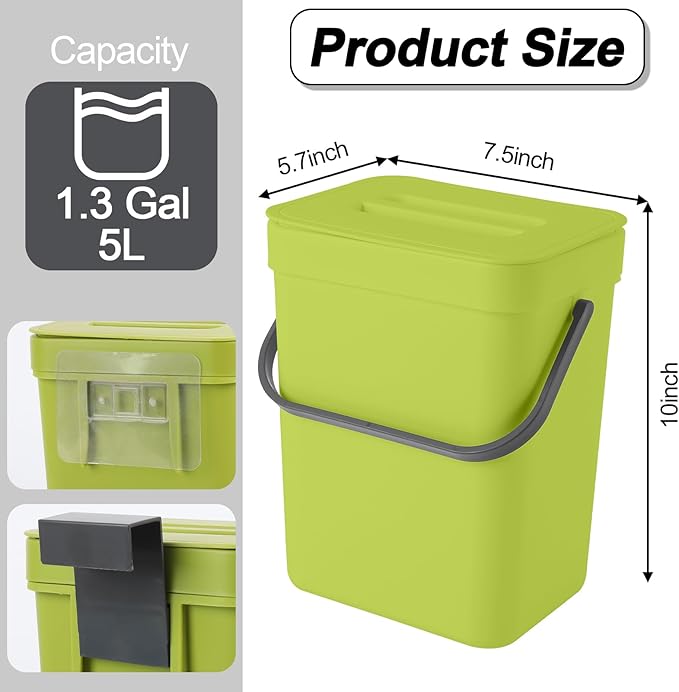 Compost Bin Kitchen, Includes 100 Trash Bags, Hanging Trash Can with Lid, Features Pet-Proof, Odor-Proof, and Quiet Opening/Closing. Suitable for Bathrooms/Bedrooms/Offices (Green, 1.3Gal/5L)