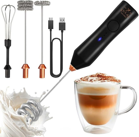 Zulay Kitchen Rechargeable Milk Frother - Dynamic - 3 Speeds, 3 Whisk Attachments, 500 mAh USB Charging, Drink Mixer For Latte, Cappuccino, Matcha, Protein Powder, Coffee Foam - Black Copper