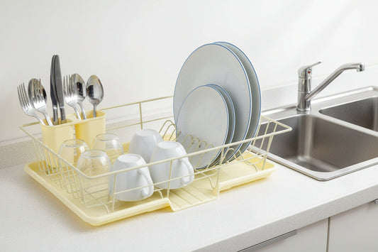 Sweet Home Collection Space-Saving 3-Piece Dish Drainer Rack Set: Efficient Kitchen Organizer for Quick Drying and Storage - Includes Cutlery Holder and Drainboard - Maximize Countertop Space, Yellow